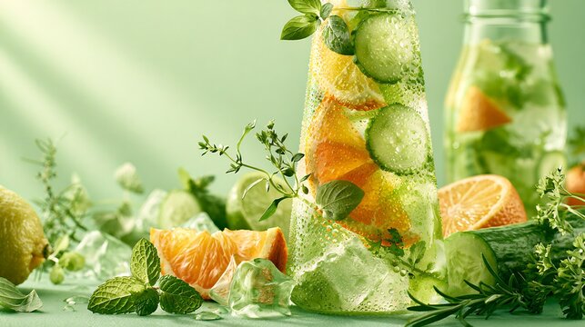 Refreshing Drink Close up glass bottle of cucumber and citrus infused water with mint, basil and condensation on green background