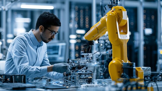 Hispanic engineer connects robot arm in futuristic lab. Technician studies machine in academy.
