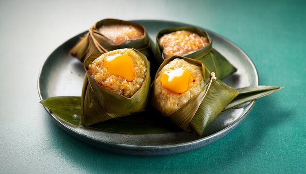 waxy rice dumpling wrapped in bamboo leaf filled with savory meat and egg yolk mixture traditional egg