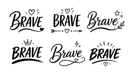 Collection of hand-drawn "Brave" typography with decorative elements © UnIcons