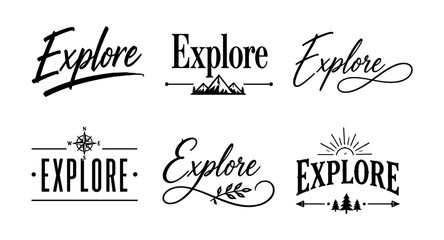 Collection of diverse "Explore" typography designs for adventure and travel themes © UnIcons