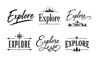 Collection of explore typography designs with mountain and compass elements © UnIcons