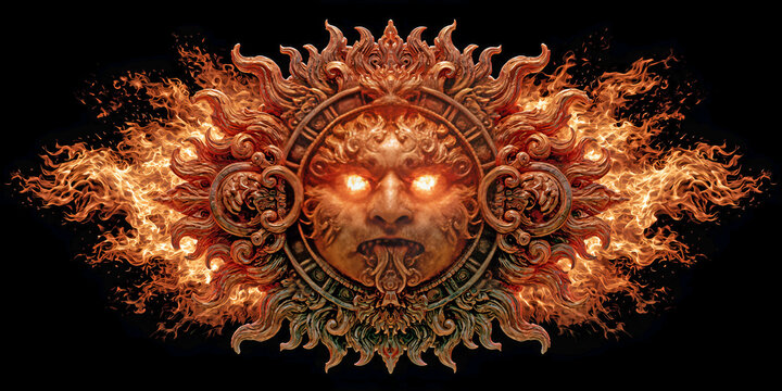 The Sun‑Face That Burns in Ancient Fire, Carved in Stone and Surrounded by Sacred Power ai generated.