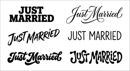 Six variations of just married typography on a white background showcasing diverse font styles fonts © vectors home