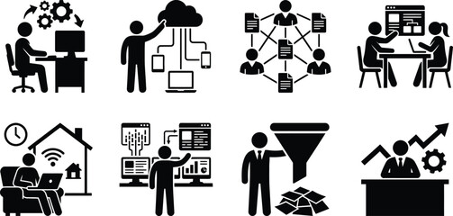 Obraz premium Business and Technology Icon Set Showing Cloud Computing, Remote Work, Data Analysis, and Workflow Automation in Vector Style