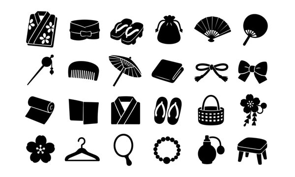 Japanese yukata accessories silhouette icon set