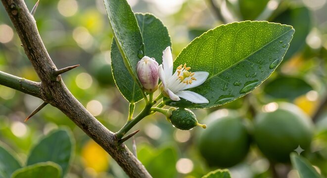 Close up of lime citrus flower blossom and tiny green fruit on a thorny branch with dew drops