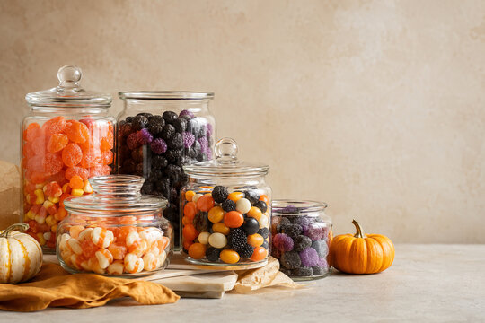 Colorful Halloween Candy Jars with Packaging Copy Space