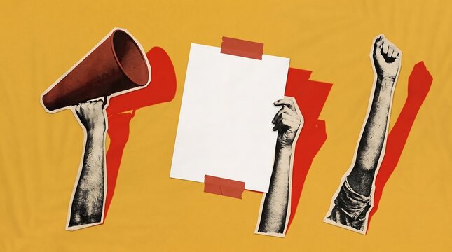 Protest art collage with megaphone, raised fist, and blank poster