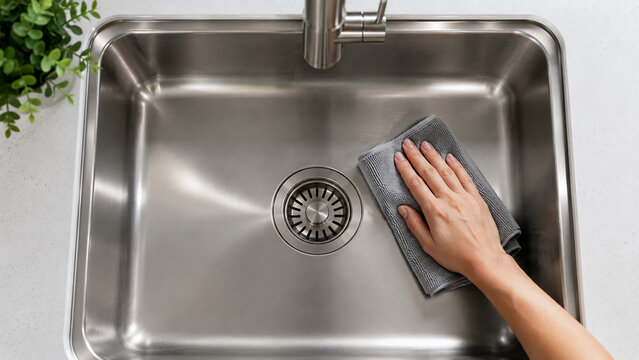 A person is cleaning a shiny stainless steel kitchen sink with a gray cloth next to a green leafy plant.