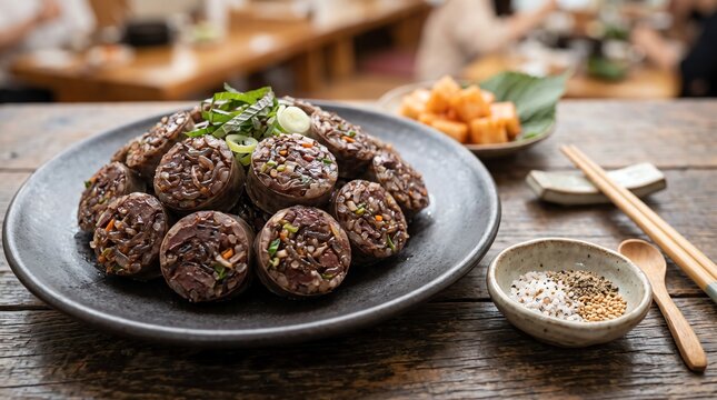 sundae korean blood sausage slices served with salt seasoning on rustic restaurant table