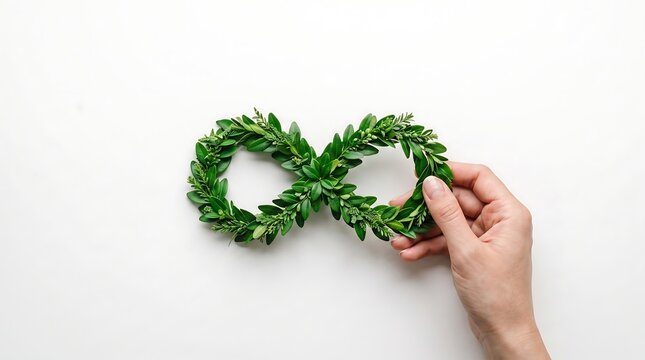 Hand holding green leaves infinity symbol on white background