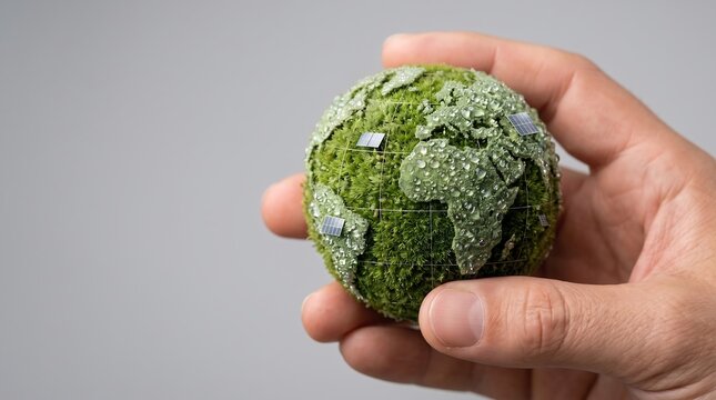 Hand Holding Green Moss Globe with Tiny Solar Panels
