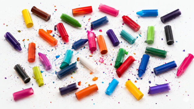 Broken colorful crayons scattered on a white surface with colorful shavings around them.