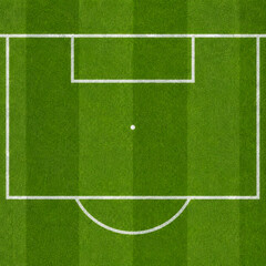 Obraz premium Aerial view of a well-maintained soccer field showing the penalty box, goal area, and center mark on green grass.