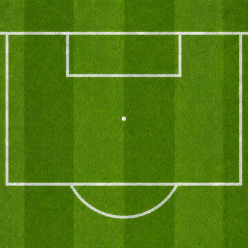 Aerial view of a well-maintained soccer field showing the penalty box, goal area, and center mark on green grass.