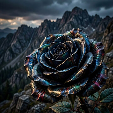 Dark Gothic Black Rose with Crimson Petals Against Dramatic Mountain Storm Landscape, Hyper Realistic Fantasy Floral Art