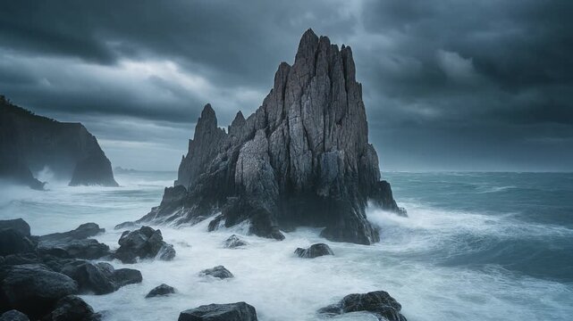 Dramatic sea stack battered by powerful waves during a stormy twilight cinematic motion