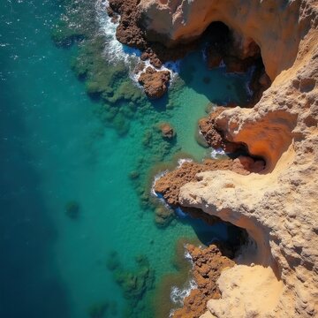 Aerial view of rugged rock formations meeting crystal turquoise ocean water at coastline. Waves crash against limestone cliffs creating natural textures on beach shore. Drone photography geologic