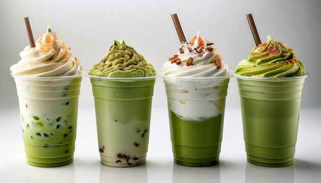 assorted frozen matcha frappes with whipped cream and various toppings in plastic takeaway cups on white background