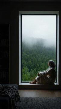 Young Muslim woman in hijab sitting on window sill looking at misty pine forest, peaceful solitude and mindfulness concept