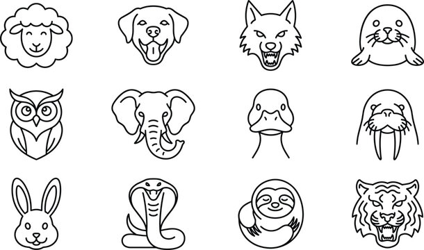 Minimalist animal face line icon vector set featuring bull monkey deer bear frog rhino raccoon rabbit alligator zebra tiger wolf