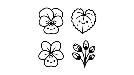 Fototapeta premium Cute Hand Drawn Floral Icons with Smiley Faces Set