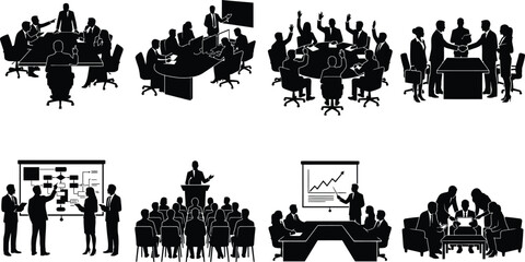 Obraz premium Business Meeting Silhouette Illustrations Showing Teamwork, Presentations, Collaboration, and Office Conference Scenes in Vector Style