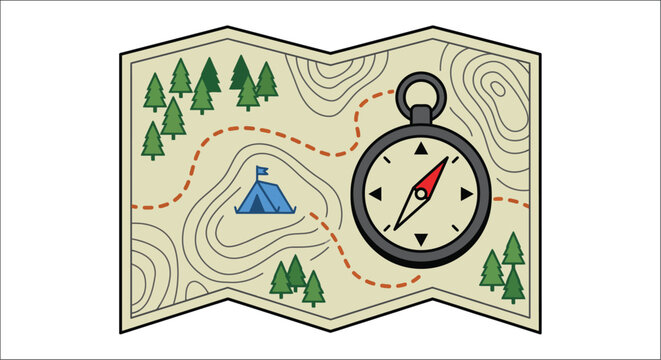 Map with compass and trees a colorful vector illustration on a white background adventure cartography