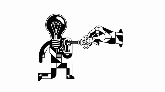 Concept of unlocking human potential and innovation with a creative insight using a key to activate a lightbulb head character in geometric style.