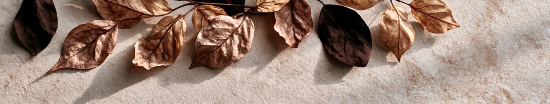 Dried autumn leaves on a branch casting soft shadows across a textured neutral background with ample copy space