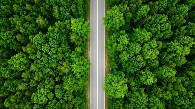 Stunning aerial perspective of a straight, empty asphalt road cutting through a dense, vibrant green forest, symbolizing a journey or connection through untouched nature