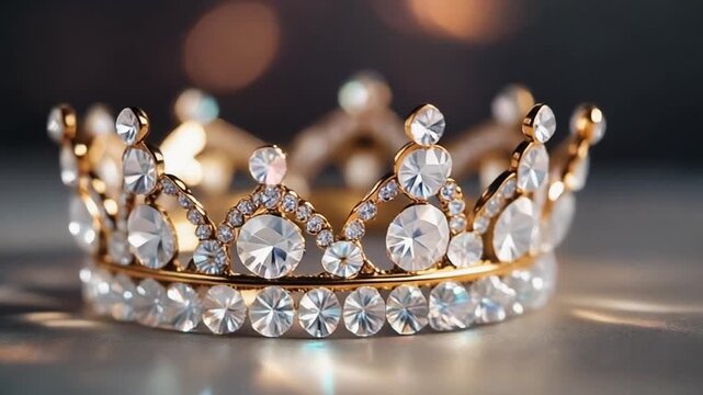 Ornate golden crown with sparkling diamonds rotating slowly against a bokeh background