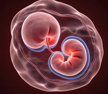 Twin human fetuses developing inside amniotic sac with cinematic motion and selective focus