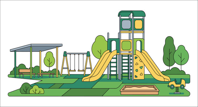 Playground scene with slides swings and a sandbox in a vector illustration style park recreation