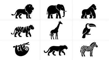 Obraz premium Black silhouettes of wild zoo and jungle animals.