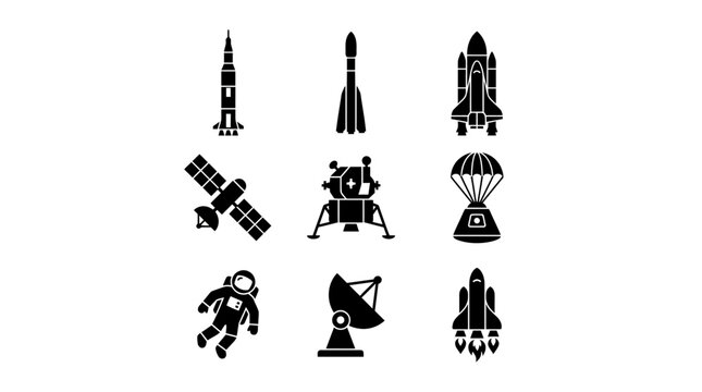 Black space exploration and rocket silhouette icons set