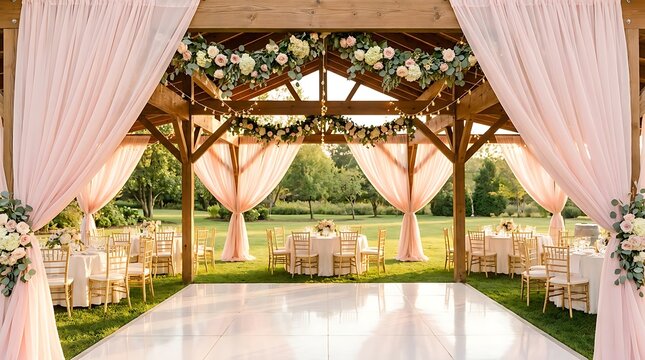 Romantic outdoor wedding reception. Elegant pink drapes, floral decor under wooden pergola. White dance floor and guest tables in a lush garden setting