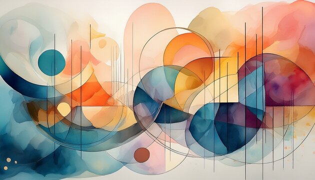 an abstract watercolor composition that merges geometric shapes with soft blended colors creating a harmonious balance between structure and fluidity generative ai