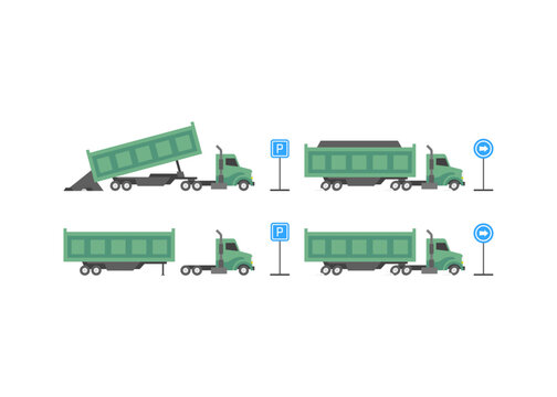 Dump Truck Moving, Unloading, and Parking Flat Illustration. Truck and trailer cartoon Illustration. Vehicle Flat style illustration.