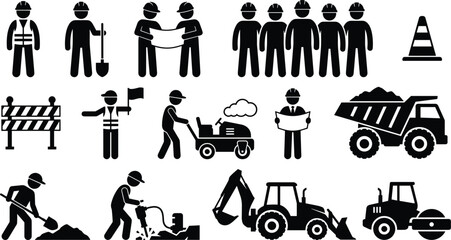 Construction Site Worker and Heavy Machinery Stick Figure Icon Set with Excavator, Dump Truck, Road Roller, and Safety Barriers Vector © Rimu