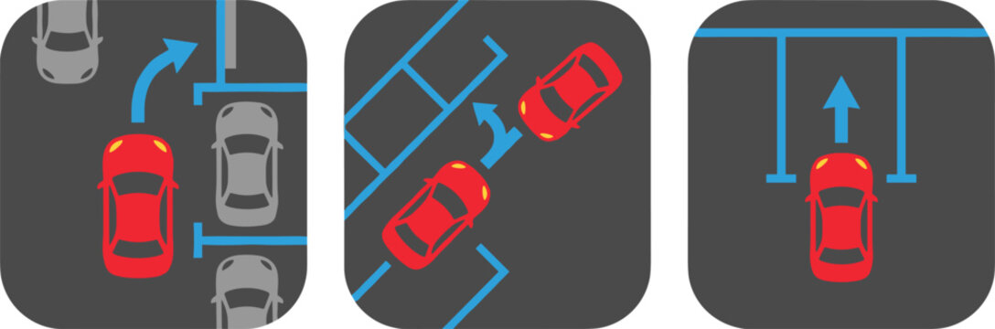 Car Parking Guide Icon Set with Parallel Parking, Angled Space Navigation, and Straight Reverse Maneuver App Vector Diagrams
