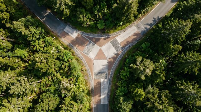 Striking aerial drone view of a distinct three-way road junction amidst a sprawling, verdant forest, symbolizing crucial life choices and the diverse paths awaiting exploration