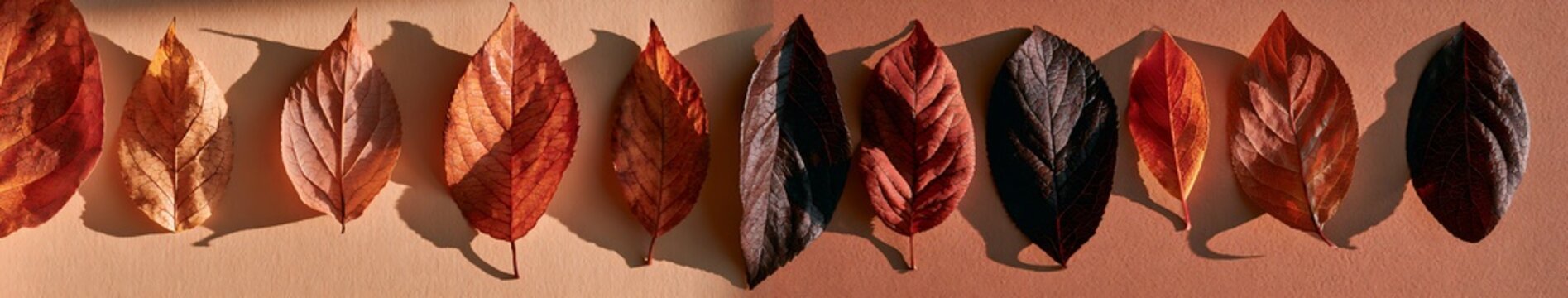 Panoramic row of autumn leaves on textured paper with warm light and soft shadows