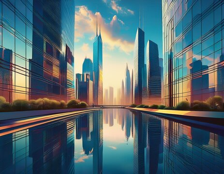 stunning modern cityscape with towering skyscrapers and serene sky