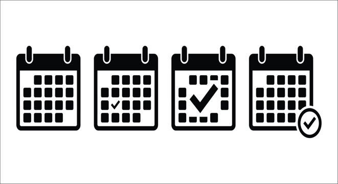 Calendar icons with checkmarks a black silhouette set on a white background appointment calendars checklist
