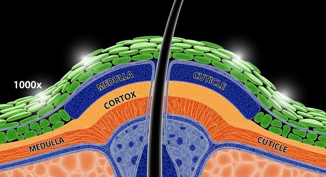Detailed cross-sectional illustration of human skin layers showing epidermis cortex dermis and subcutaneous fat
