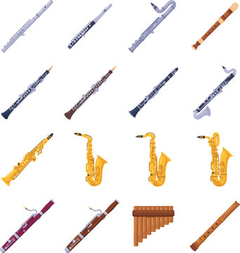 Woodwind musical instruments icons set. Vector illustration collection of orchestral and traditional wind instruments including flute, clarinet, saxophone, bassoon, and pan flute isolated on white.