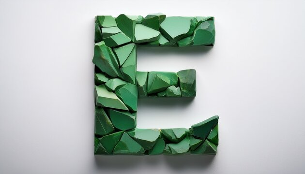 letter e composed of jagged green stone shards is isolated on a white workspace surface