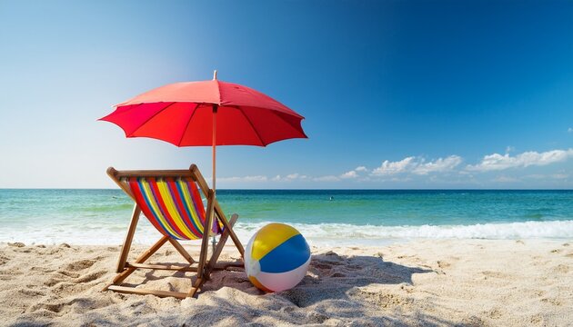 striped lounge chair and red umbrella on a sunny beach with a colorful ball perfect for summer relaxation